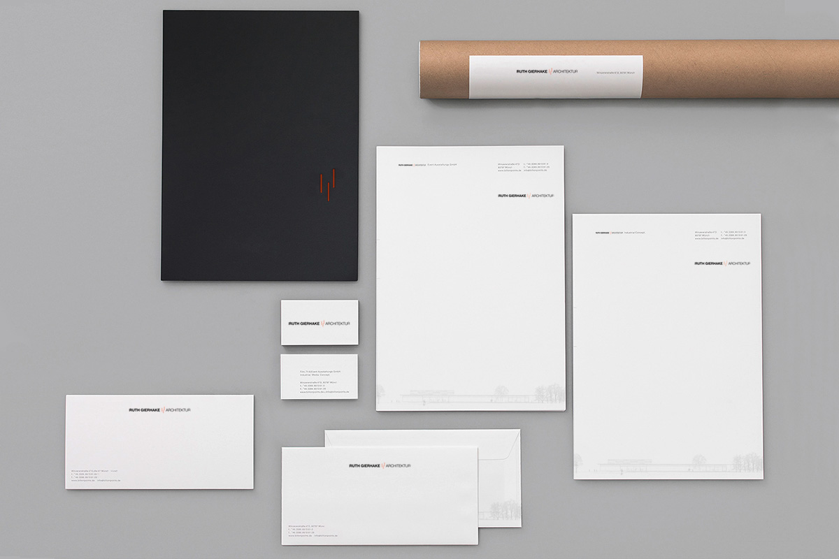 Geschäftsausstattung für Ruth Gierhake Architektur: Briefpapier, Visitenkarte, Pressemappe, Grußkarte, Versandrolle etc.