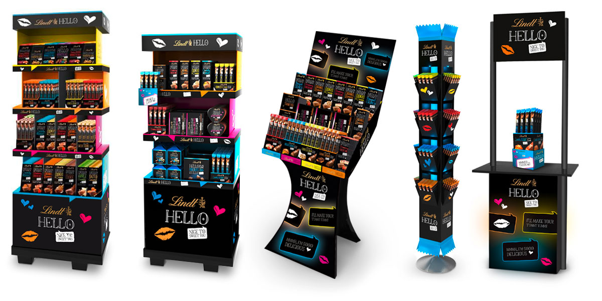 Lindt Verkaufsregale für die Neueinführung der Hello-Schokokade