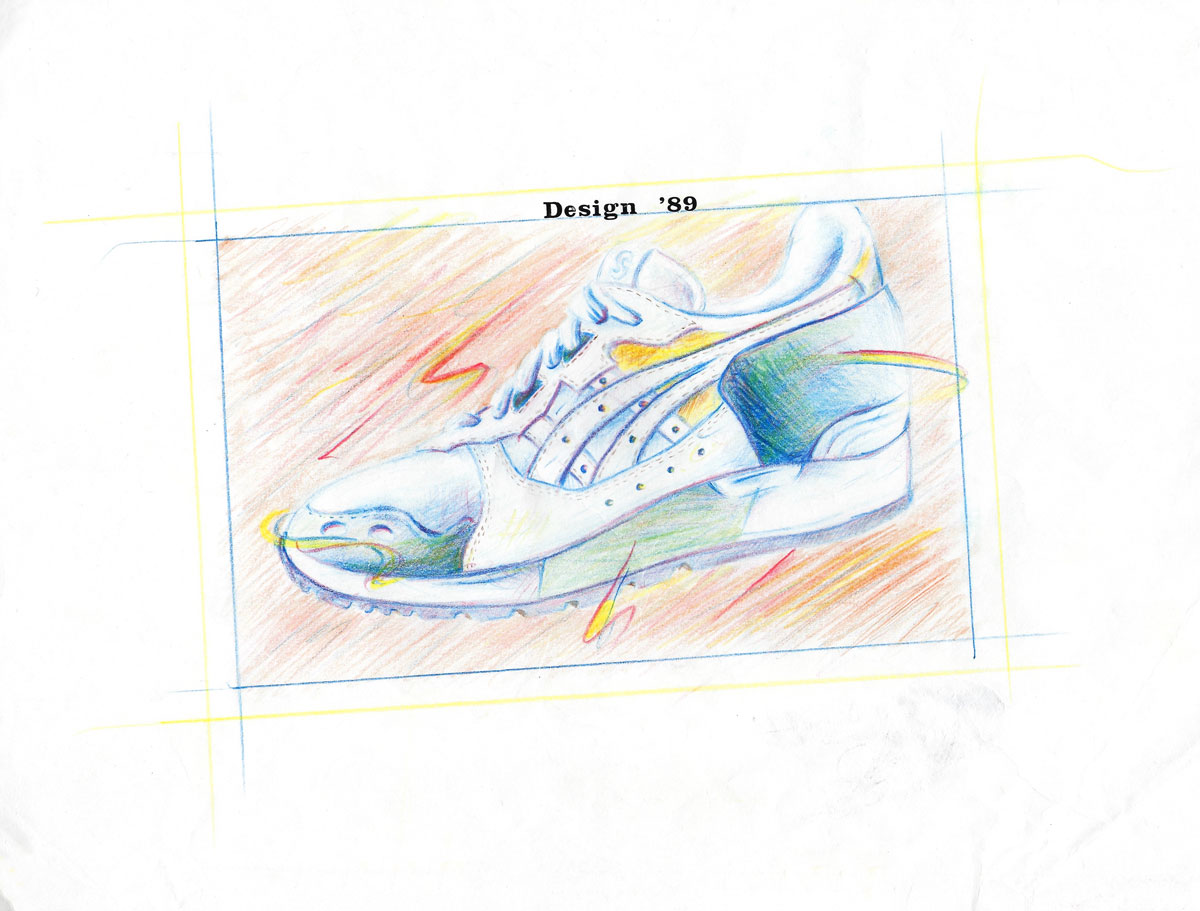 Freie Zeichnung „Sportschuh in 80er-Jahre-Design“ in Polychromos-Technik
