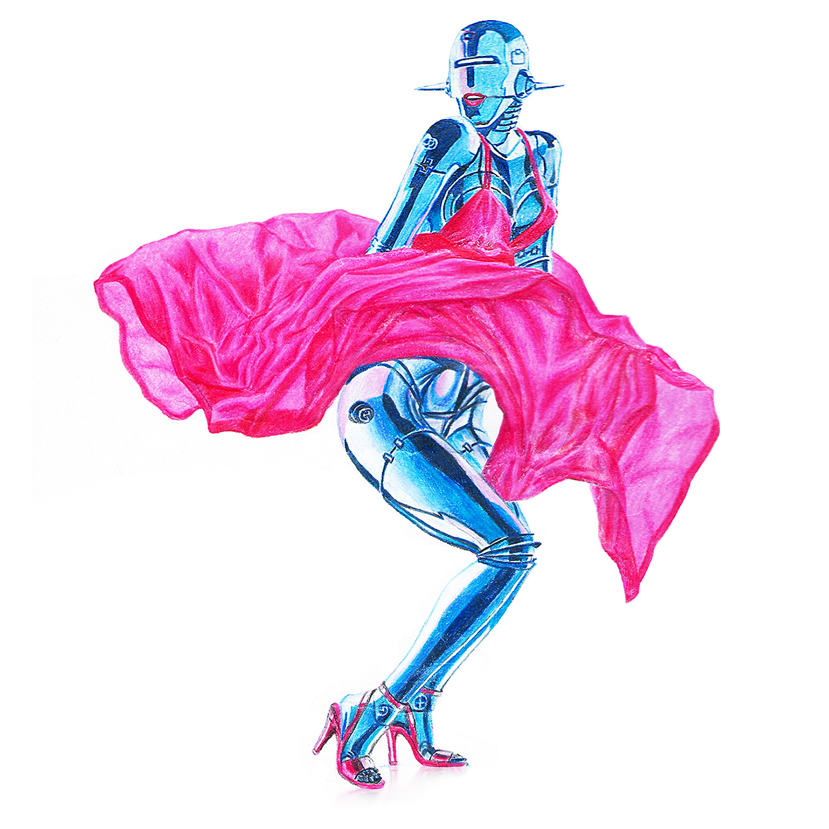 Freie Zeichnung „Retro futuristische Marilyn in 80er-Jahre-Style“ in Polychromos-Technik